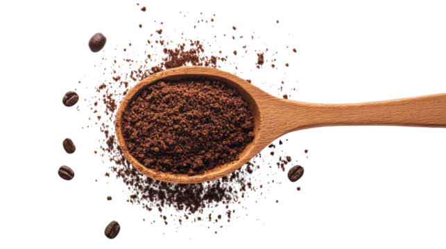 Wooden spoon with ground coffee isolated on a transparent background