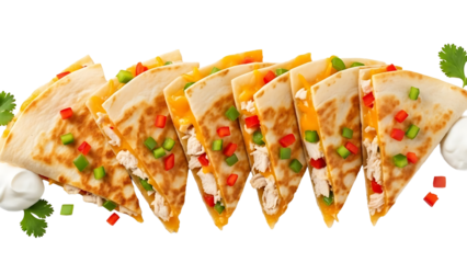 Delicious chicken quesadillas with cheese and peppers for a tasty mexican food experience at home on transparent background