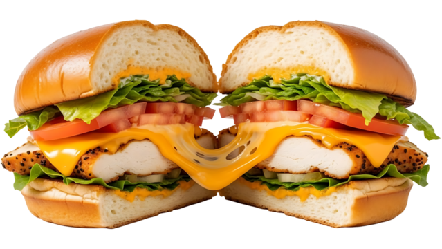 Chicken sandwich cut in half with cheese lettuce and tomato delicious food photography close up view on transparent background