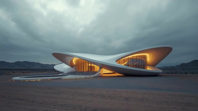 Sweeping modern architectural pavilion glowing warmly in a vast desert landscape under dramatic storm clouds with elegant organic curved design