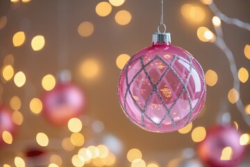 Fototapeta premium Serene winter tableau with rosecolored bauble and cozy lighting