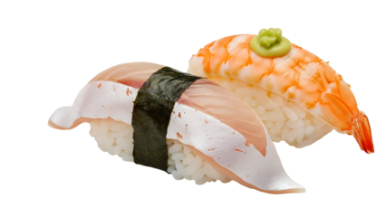 Sushi nigiri with mackerel and shrimp delicious japanese food cuisine seafood restaurant gourmet fresh 100 on transparent background