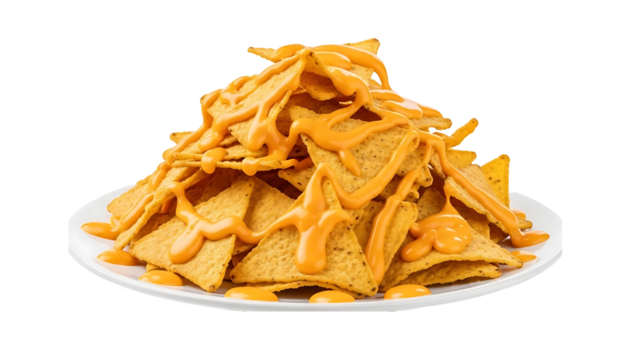 Plate of cheesy nachos chips appetizer snack food cheese sauce delicious party food fast food junk food on transparent background - Powered by Adobe