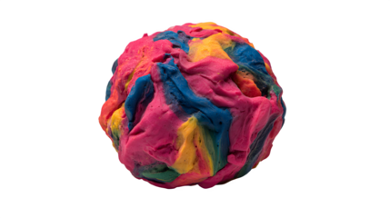 A colorful ball of modeling clay with pink blue and yellow on a black background in studio light