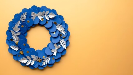 Blue Wreath with Silver Leaves on Yellow Background