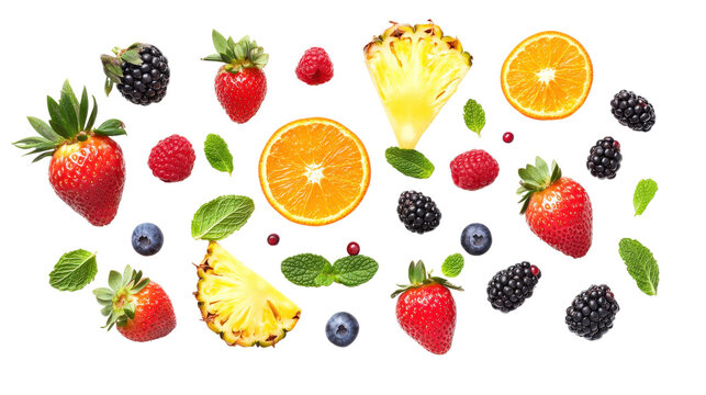 Assorted Fresh Berries and Fruit Slices isolated on a transparent background