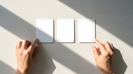 Hands frame three blank white cards on a sunlit wooden desk, ideal for daily encouragement, tarot, oracle, or affirmation cards. Perfect mockup template with natural shadows for spiritual, motivation
