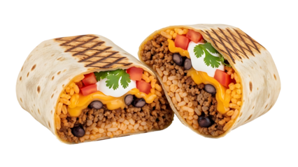 Delicious burrito with beef rice beans cheese tomato and sour cream food photography and meal ideas for lunch on transparent background