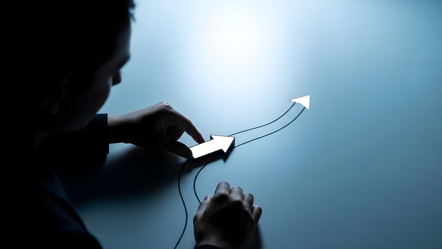 Businessman setting the path for growth with a glowing arrow chart on a dark background, illustrating strategy, progress, future planning, and providing daily encouragement for reaching new success m