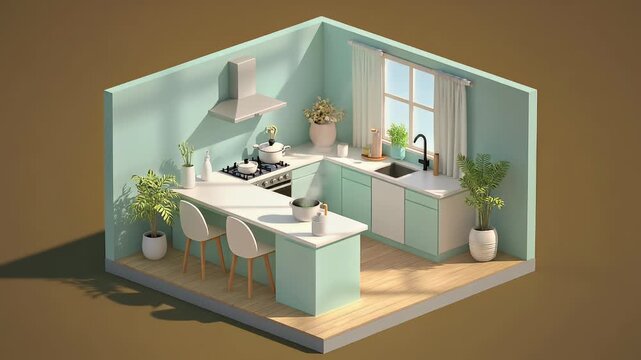 Isometric mint green U-shaped kitchen interior with cooking steam, 3D architectural design loop.