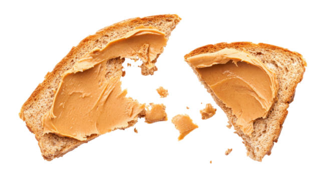 Broken toast with peanut butter isolated on a transparent background