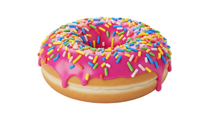 Delicious pink frosted donut with colorful sprinkles bakery treat food photography dessert sweet glazed donut 100 on transparent background