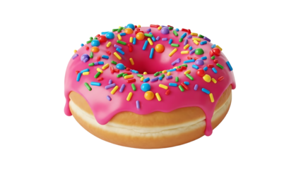 Delicious pink glazed donut with colorful sprinkles food dessert bakery sweet treat yummy donut shop treat 100 on transparent background