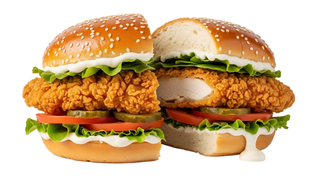 Delicious crispy chicken sandwich burger with sesame bun lettuce tomato pickles and creamy sauce food photo on transparent background