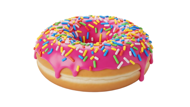 Delicious pink frosted donut with colorful sprinkles bakery treat food photography dessert sweet glazed donut 100 on transparent background - Powered by Adobe