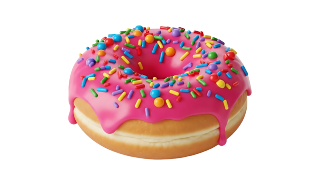 Delicious pink glazed donut with colorful sprinkles food dessert bakery sweet treat yummy donut shop treat 100 on transparent background