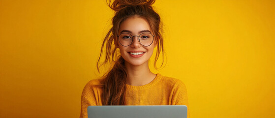 A girl in a yellow jumper smiles while holding a laptop, providing a suitable backdrop for articles on distance learning or career blogs.