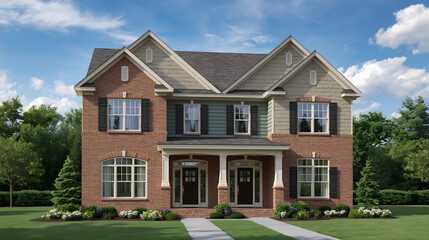 Elegant brick colonial home with multiple gables and dormer windows