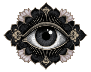 Etching mystical eye in lotus mandala transparent image. Spiritual vision. Sacred geometry isolated cutout. Esoteric symbol. Protective talisman cut out clipart design element png