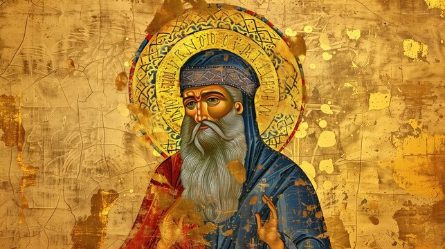 St. Macarius Day: Traditional Byzantine icon illustration of Saint Macarius the Great, gold leaf background, ornate halo with intricate patterns, Egyptian desert and monastery scene