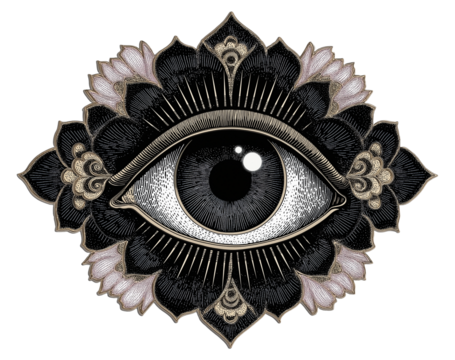 Etching mystical eye in lotus mandala transparent image. Spiritual vision. Sacred geometry isolated cutout. Esoteric symbol. Protective talisman cut out clipart design element png