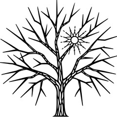 Bare Tree Silhouette with Sun Symbolism and Branching Pattern.