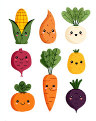 Fototapeta premium Whimsical Vegetables Collection: A delightful assortment of cheerful, animated vegetables, each with its own unique expression and charm.