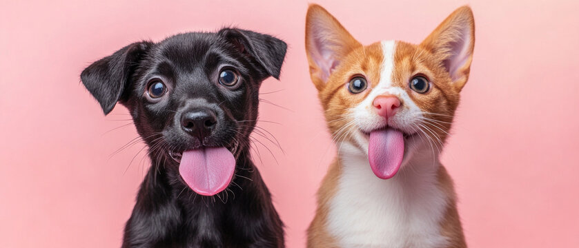 This cute photo of a puppy and a kitten with their tongues sticking out is ideal for children's background designs for cards or cartoon projects.