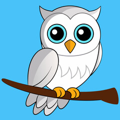Cartoon Owl Perched on Branch with Big Eyes and White Feathers.