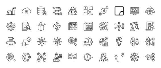 Data science and analytics line icon set. Vector pictograms of machine learning, research, charts, and intelligence, thin linear illustration.