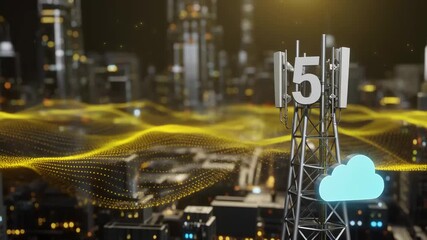 5g communication tower with cloud symbol and glowing data waves over cityscape at night cell network - Powered by Adobe