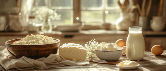 A rustic table laden with dairy products and eggs provides a natural backdrop for culinary recipes or farm shops.