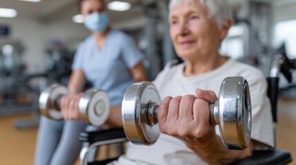 Nurse assisting disabled patient in hospital gym with dumbbells and wheelchair for physical improvement