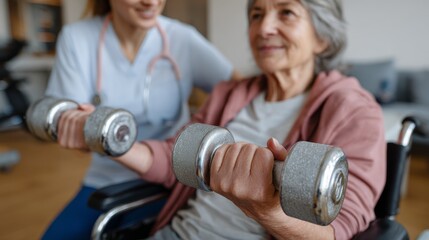 Improvement in health nurse assisting wheelchair user with dumbbells in hospital setting