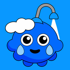 Cute Blue Cloud Character Taking a Shower Illustration.