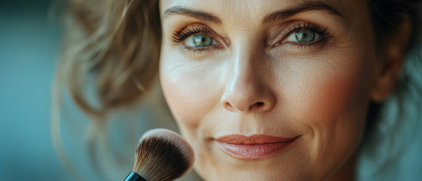 A close-up shot of makeup with a fluffy brush will emphasise professionalism in a beauty blog or serve as a delicate backdrop for cosmetics advertising.