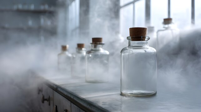 Glass bottles with cork stoppers shrouded in dense mist in a vintage laboratory setting