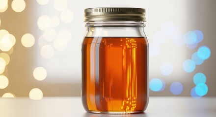 Clear glass mason jar filled with golden honey and metal lid against warm bokeh background
