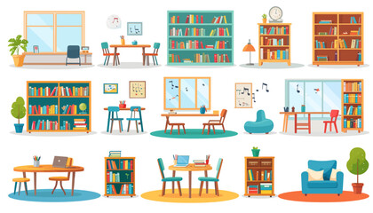 Fototapeta premium A collection of diverse interior room settings featuring bookshelves, tables, chairs, and windows, illustrating various home or study environments.