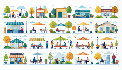 A collection of vibrant outdoor cafe and restaurant scenes with people dining and socializing under umbrellas and trees, showcasing various urban and suburban settings.