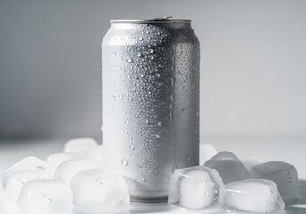 Cold silver beverage can covered in condensation surrounded by ice cubes on white background
