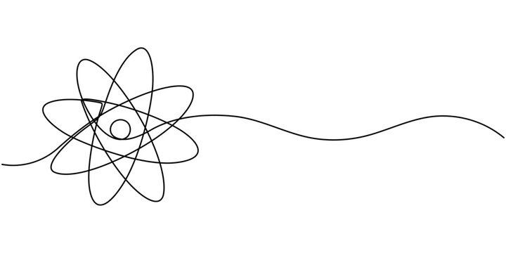 Continuous one line drawing atom or proton nucleus sign symbol isolated vector illustration, Atom symbol line art illustration, Continuous Line Drawing of Science Icon. science icon continuous one.