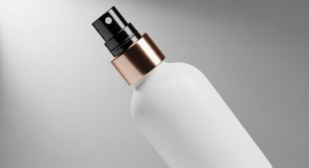 White frosted cosmetic spray bottle with black nozzle and metallic copper collar on gray background
