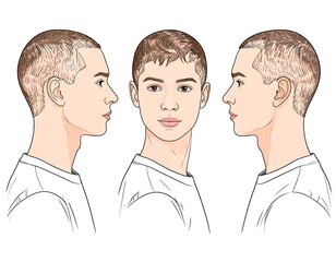Illustration featuring a young man's face from different angles for design purposes