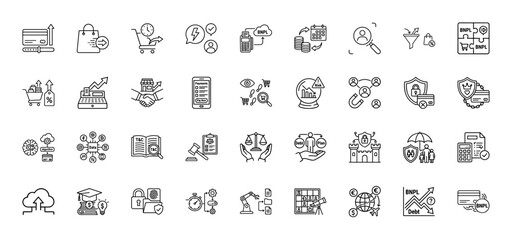 Finance and business line icon set. Vector pictograms of debt, payments, BNPL, credit cards, and security, thin linear illustration.