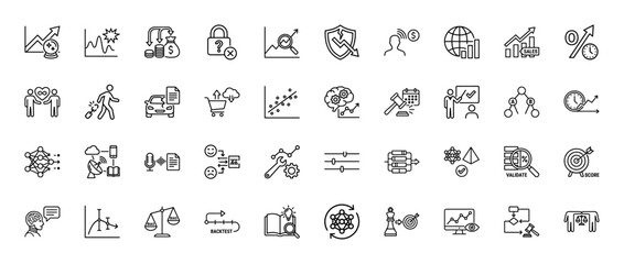Data science and analytics line icon set. Vector pictograms of charts, graphs, algorithms, and validation, thin linear illustration.