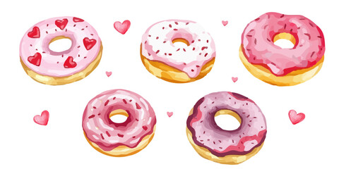 Watercolor sweet donuts decorated with small hearts, hand painted texture, cute and festive treat, birthday, dessert. vector
