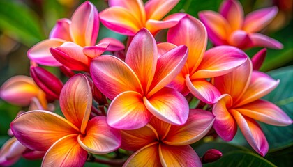 Close-up of vibrant pink and orange frangipani flowers with lush green leaves, captured in natural tropical lighting.