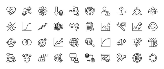 Business and data analysis line icon set. Vector pictograms of teamwork, strategy, growth, security, and development, thin linear illustration.