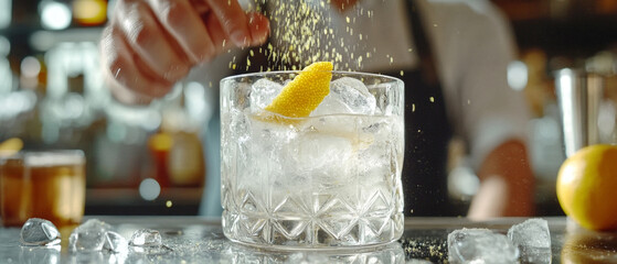 The bartender adds citrus notes to a refreshing drink with ice, which is ideal as a backdrop for advertising alcoholic and non-alcoholic cocktails or summer promotions.